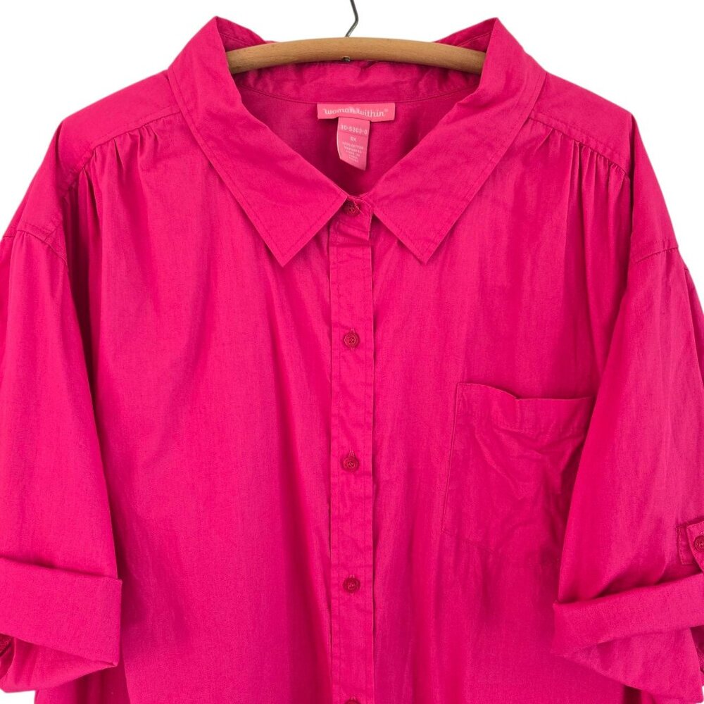 Woman Within Womens Button-Up Blouse Rolled Sleeves Pink 5X 100% Cotton Shirt - Picture 4 of 9